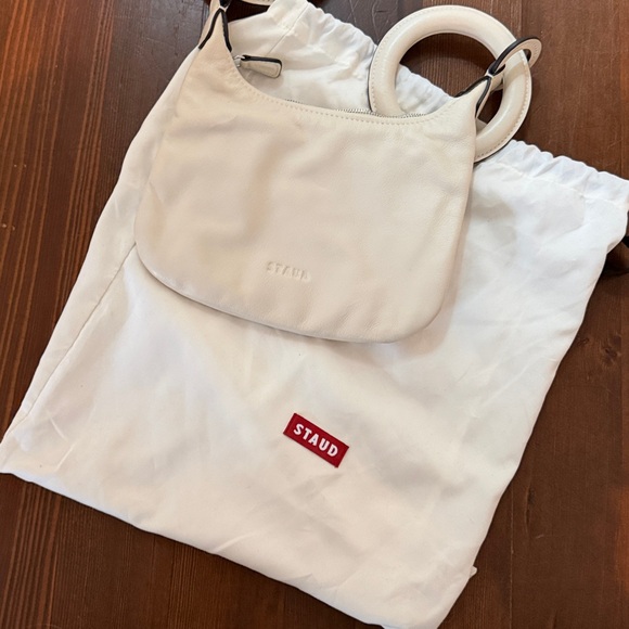 STAUD Cream Leather Clutch with Circular Handles - Picture 5 of 6